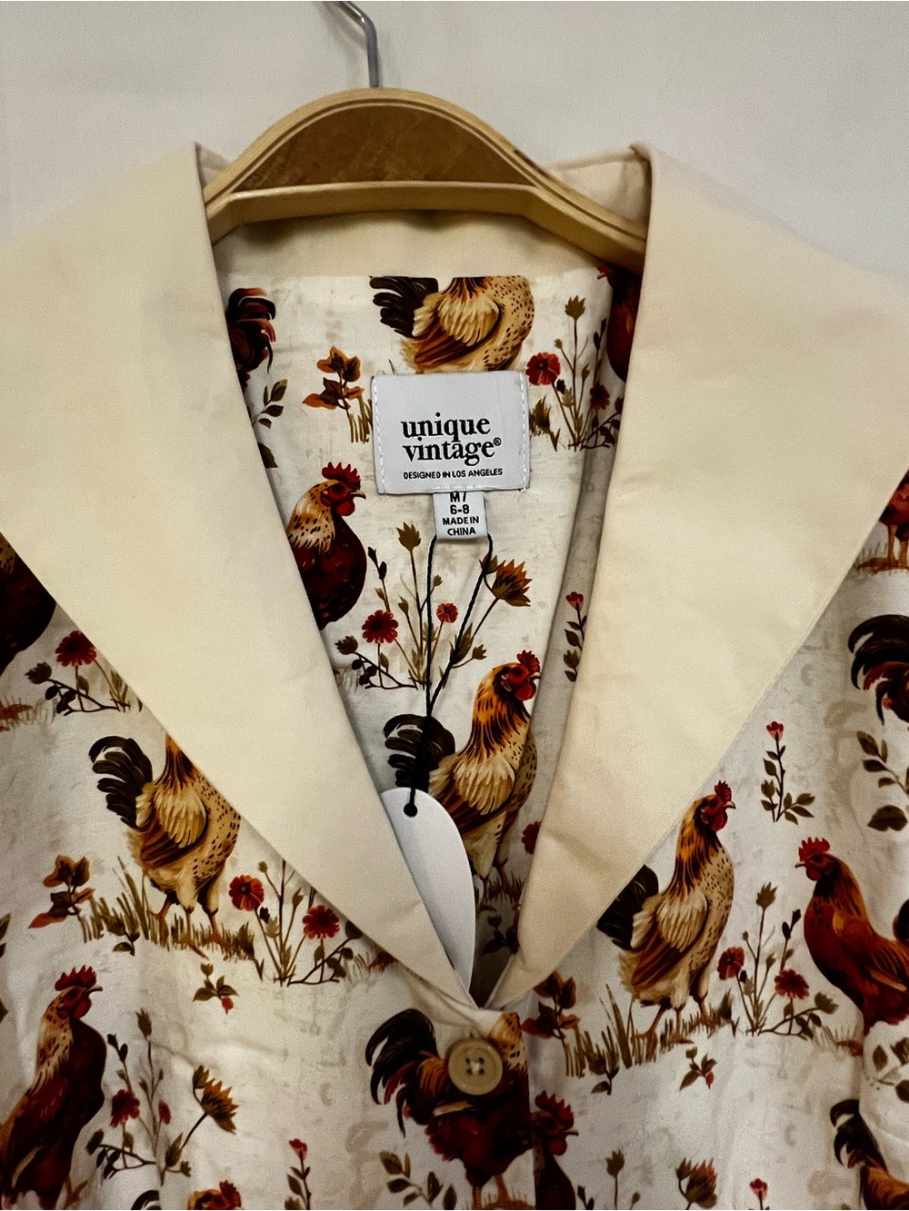 NEW Unique vintage beige rooster print cotton dress size: M(6-8) - Picture 3 of 4